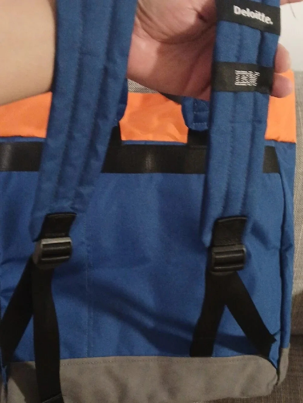 Colorblock Roll-Top Backpack Tote in Blue, Orange & Gray